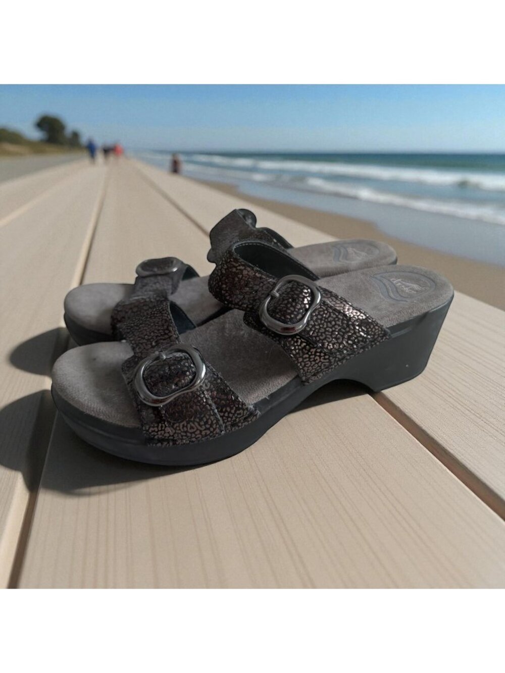 DANSKO Black Silver Metallic Leather Sandals Size 37 / 6.5